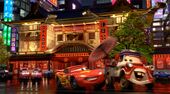 Promotional image of McQueen and Mater in front of the Kabuki Theater. Does not appear in the actual film.