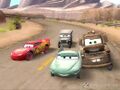 Flo, Lightning McQueen, Mater and Sarge racing.