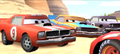 Vince, Barry and Sonny challenging Lightning McQueen to a race.